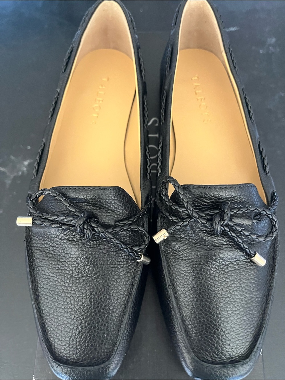 Talbots Black Pebbled Leather Braided Bow Loafers NIB Size 8